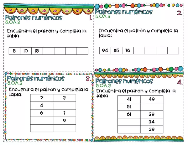 Tarjetas con Problemas Patrones Numéricos
