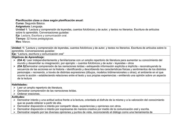 Planificacion mensual clase a clase marzo, lenguaje, segundo Basico