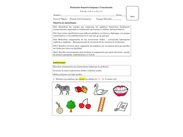 Evaluación de sumativa de lenguaje segundo básico 