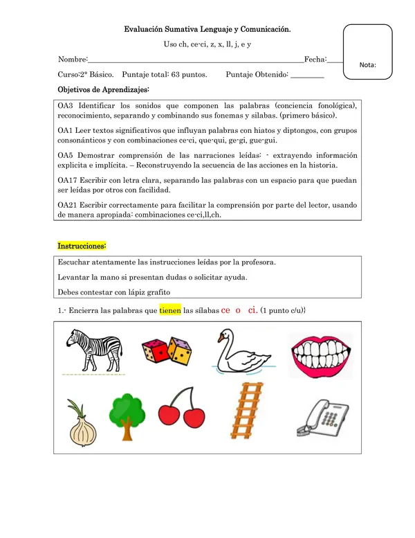 Evaluación de sumativa de lenguaje segundo básico 
