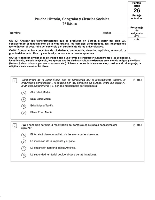 Evaluación Historia 7°, Plena y Baja Edad Media