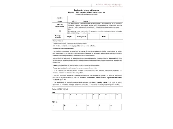 Prueba Unidad 1: Epopeya