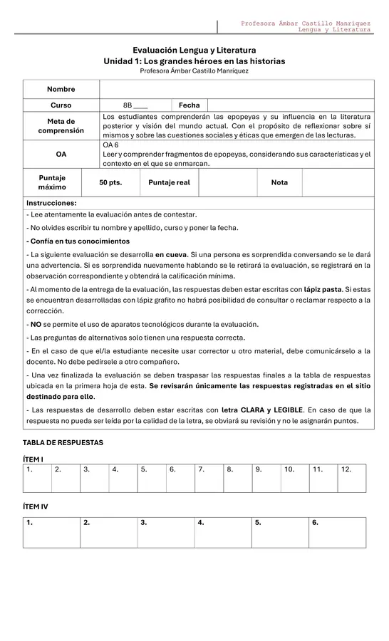 Prueba Unidad 1: Epopeya