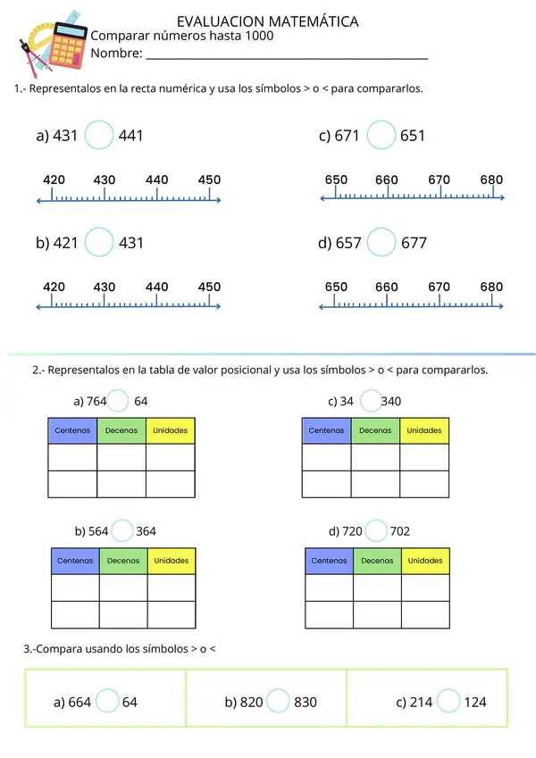 Evaluacion matemática Comparar números | profe.social