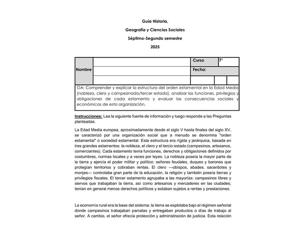 GUIA DE APRENDIZAJE: Jerarquías y privilegios: explorando la sociedad feudal”