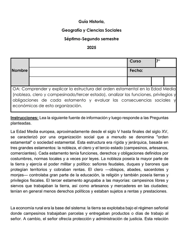 GUIA DE APRENDIZAJE: Jerarquías y privilegios: explorando la sociedad feudal”