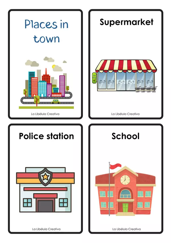 Flash Cards Places in town City Vocabulary English Community