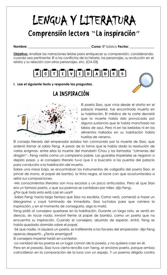 Guía de trabajo - Comprensión lectora La inspiración - 8° (Lengua y literatura)