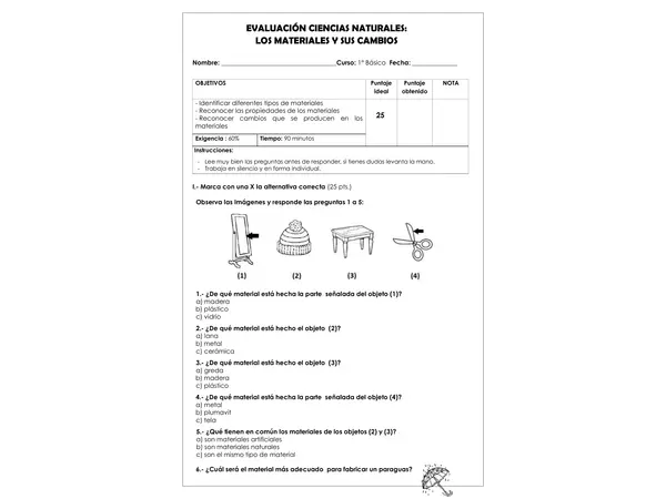 Prueba 1° Ciencias - Los materiales y sus cambios 