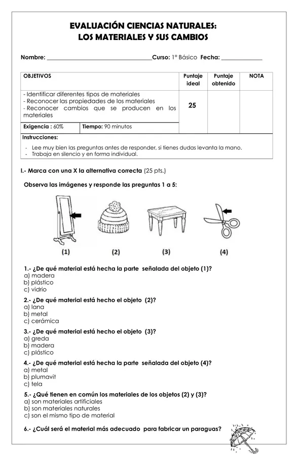 Prueba 1° Ciencias - Los materiales y sus cambios 