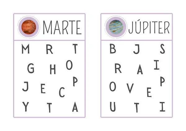 Tarjetas de buscar letras temática El sistema solar