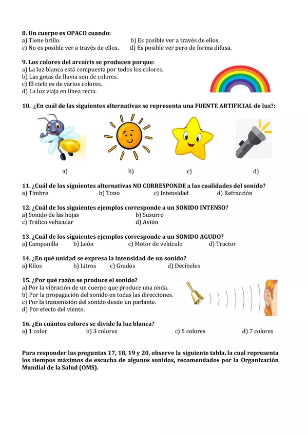 Evaluación de ciencias naturales 3° básico: La luz y el sonido (Unidad 1 Ciencias Naturales)