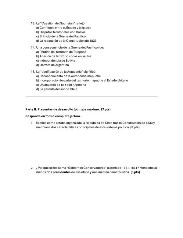EVALUACIÓN HISTORIA 1° MEDIO, SIGLO XIX EN CHILE