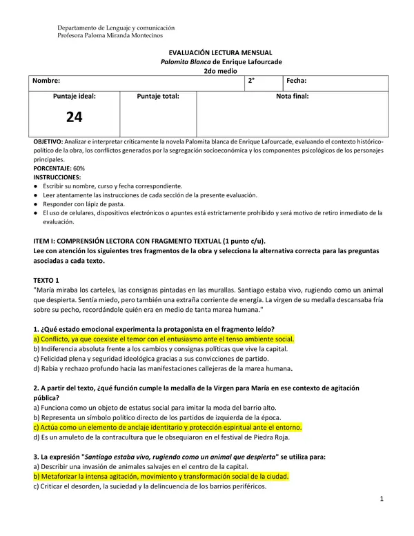 Evaluación "Palomita Blanca" 2do medio