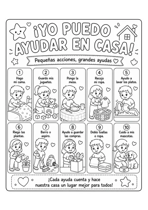 “Yo puedo ayudar en casa” – Rutinas de colaboración para niños Versión para colorear