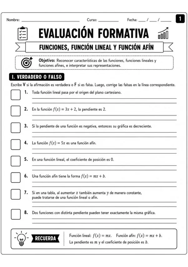 Función lineal y afín. Evaluación formativa 