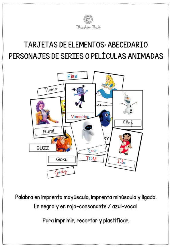 Tarjetas. Personajes animados con inicial A-Z. Tres fuentes.
