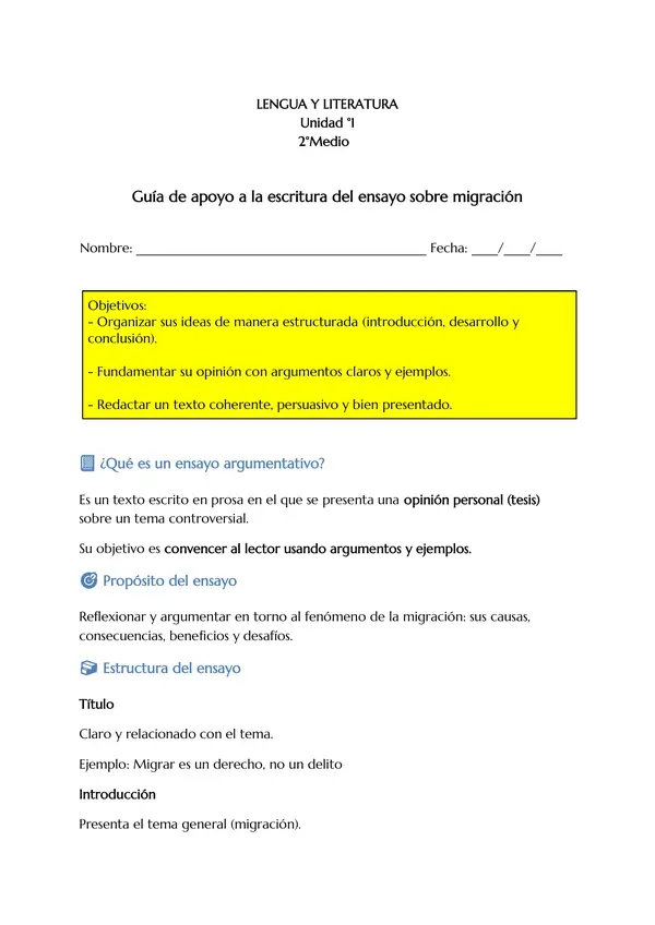  ✍️ Guía de apoyo para Escribir un Ensayo Argumentativo sobre la Migración 2°Medio