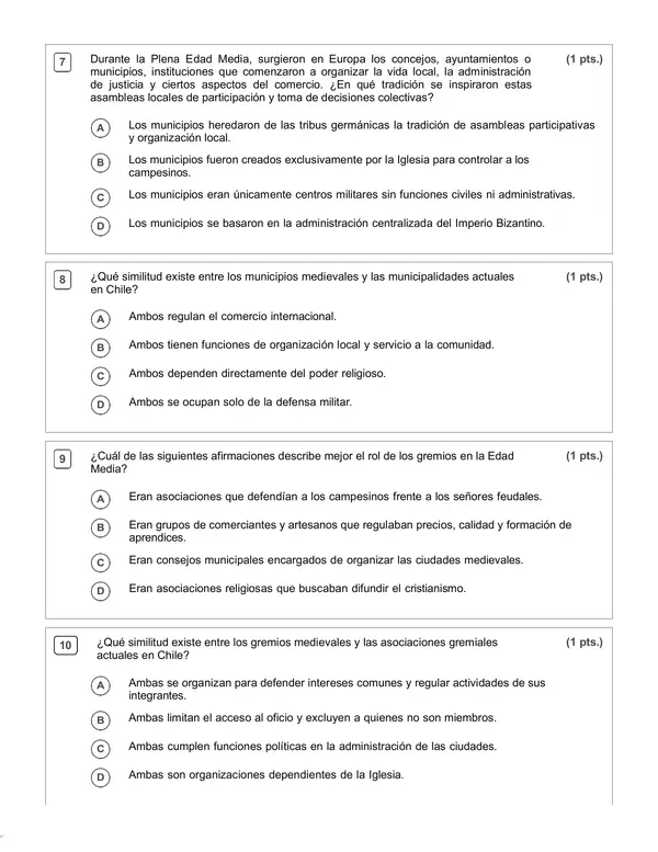 Evaluación Historia 7°, Plena y Baja Edad Media