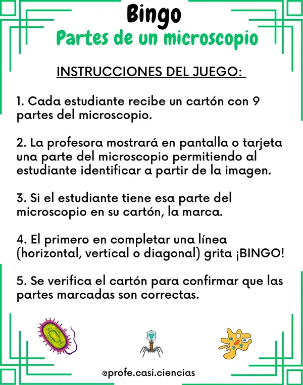 BINGO PARTES DE  UN MICROSCOPIO