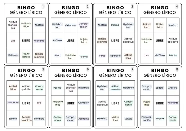 32 Cartones para Bingo temática Género Lírico