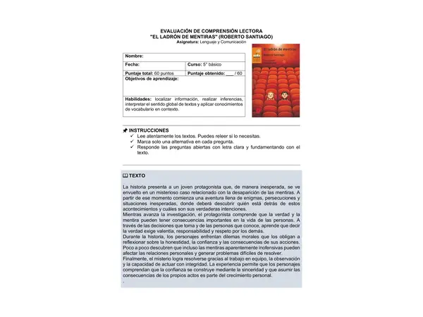 Prueba del libro "El ladrón de mentiras” (Roberto Santiago) 5° básico