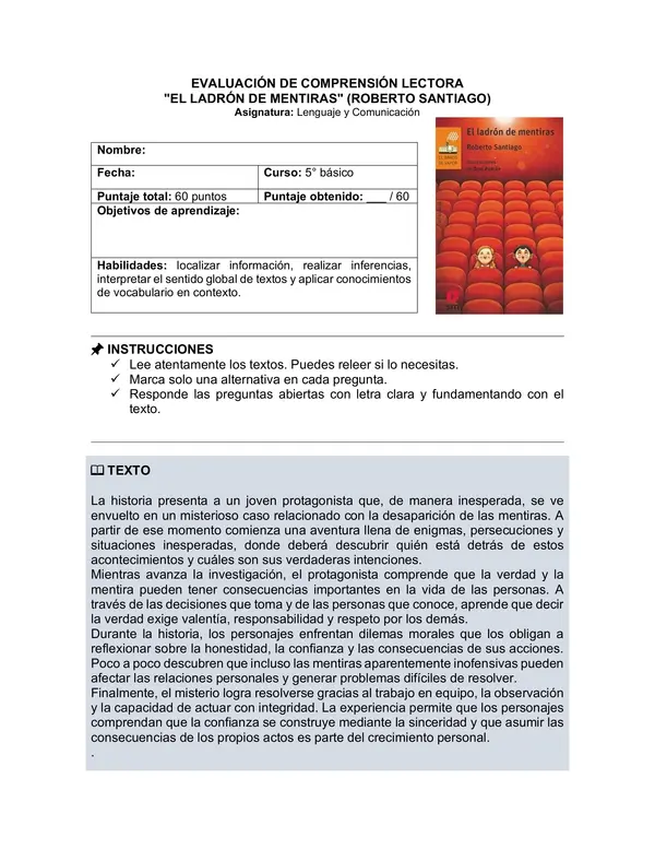 Prueba del libro "El ladrón de mentiras” (Roberto Santiago) 5° básico