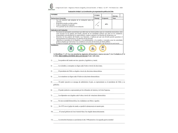 Evaluación sexto básico: Unidad 1: Constitución y organización democrática en Chile