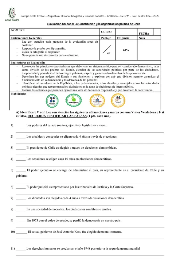 Evaluación sexto básico: Unidad 1: Constitución y organización democrática en Chile