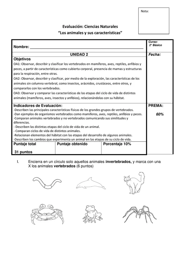 Evaluación - Animales vertebrados e invertebrados