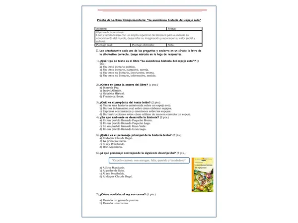 Prueba de Lectura complementaria "La asombrosa historia del espejo roto"