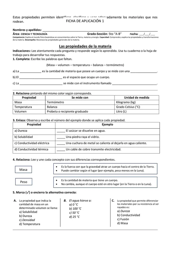 FICHA INFORMATIVA DE LAS PROPIEDADES DE LA MATERIA