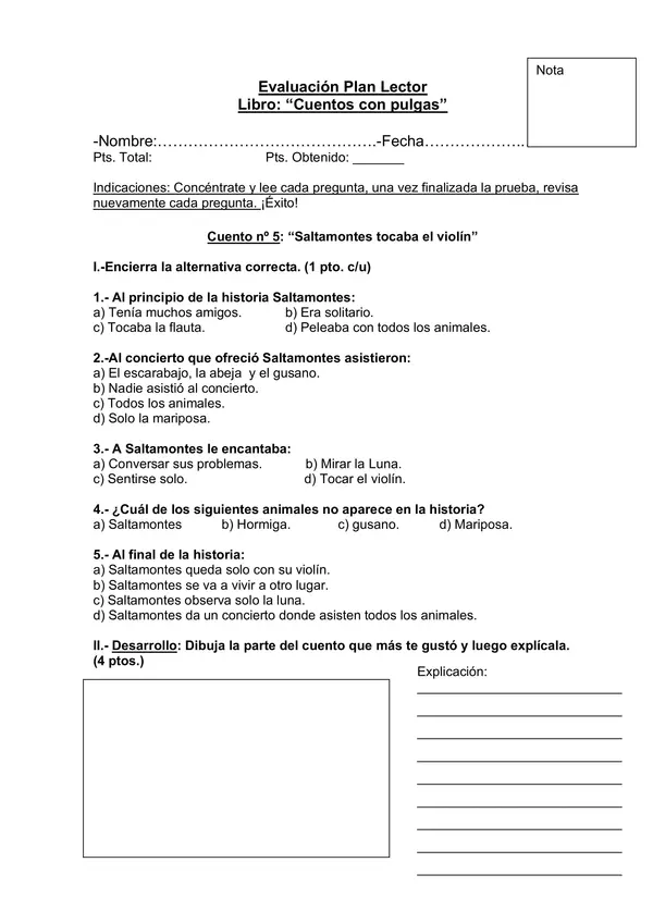 Evaluación libro "Cuentos con pulgas"