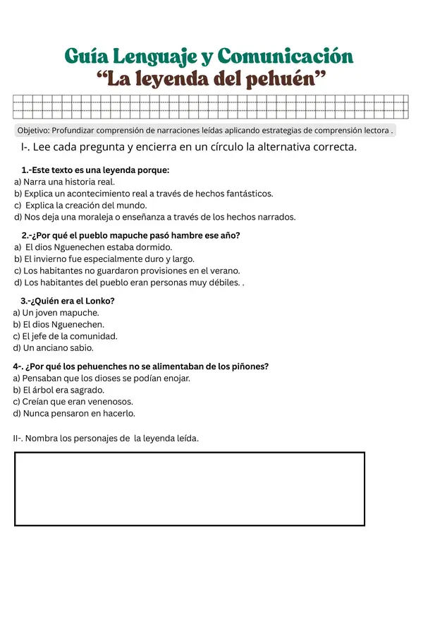 Guía de trabajo leyenda "El Pehuén" 4° básico