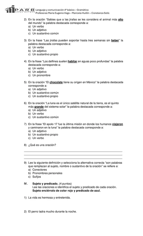 Evaluación editable Gramática 4to básico