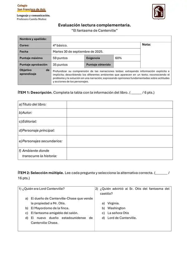 Evaluación libro El fantasma de Canterville.