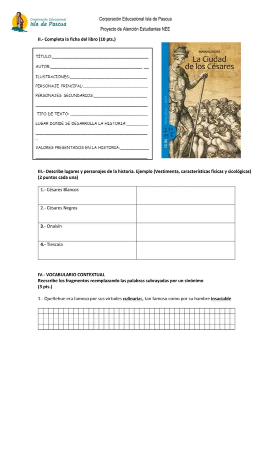 EVALUACIÓN LECTURA DOMICILIARIA 8° LENGUA Y LITERATURA “LA CIUDAD DE LOS CÉSARES” (A.C)