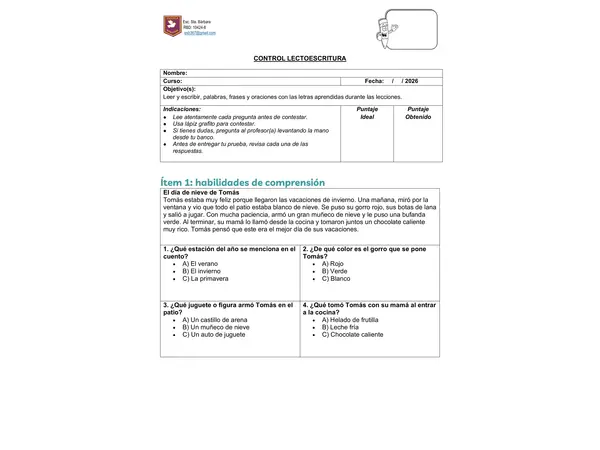 Evaluación lectoescritura 1° básico" letras m, p, l, s, t, d