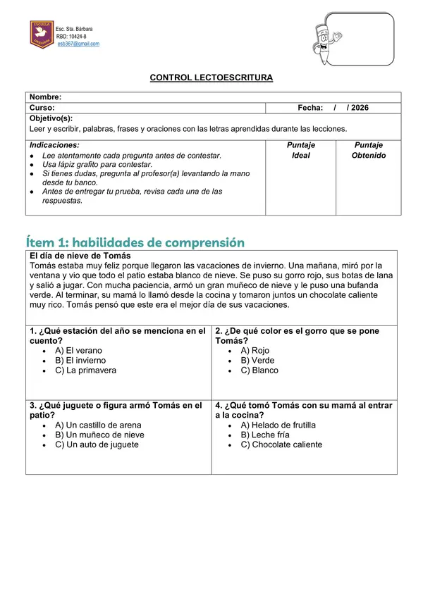 Evaluación lectoescritura 1° básico" letras m, p, l, s, t, d
