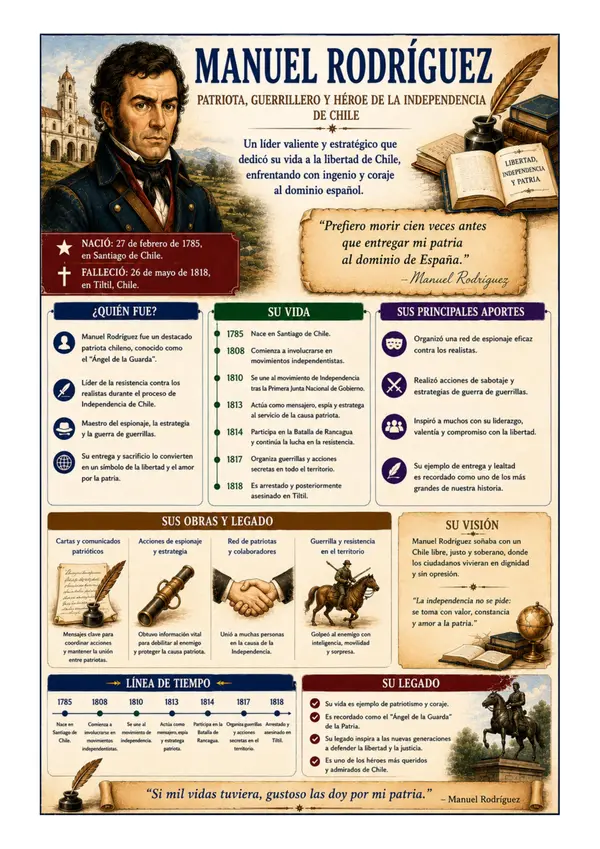 Manuel Rodríguez | Héroe de la Independencia de Chile | Póster Educativo de Historia de Chile