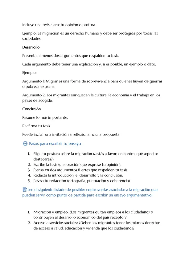  ✍️ Guía de apoyo para Escribir un Ensayo Argumentativo sobre la Migración 2°Medio