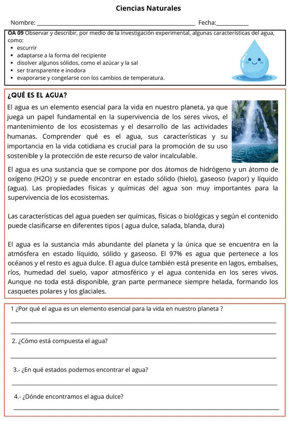 El Agua: Características Ficha de Ciencias para 2° - 5° Básico