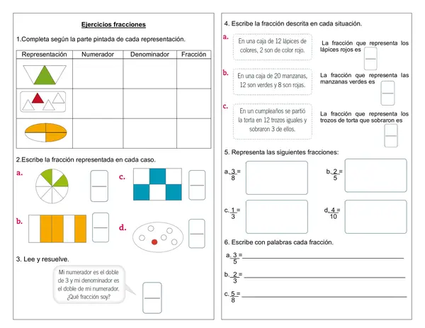 Guía de matemática 3°- 4° año básico "Ejercicios fracciones"