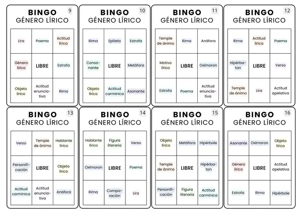 32 Cartones para Bingo temática Género Lírico
