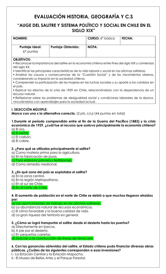 Prueba Historia 6° - Auge del salitre y sistema político y social en Chile siglo XIX