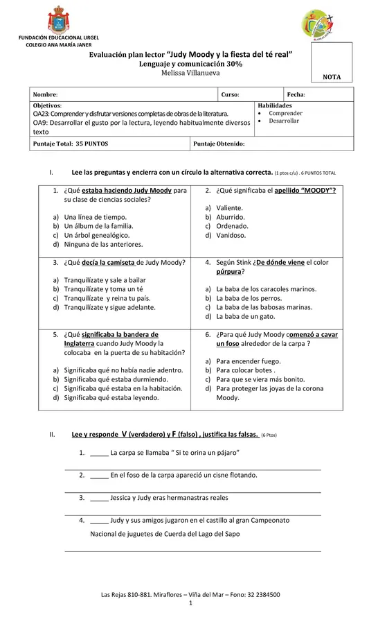 Evaluación Judy Moody y la fiesta del té