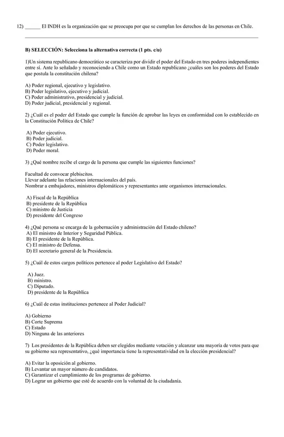 Evaluación sexto básico: Unidad 1: Constitución y organización democrática en Chile