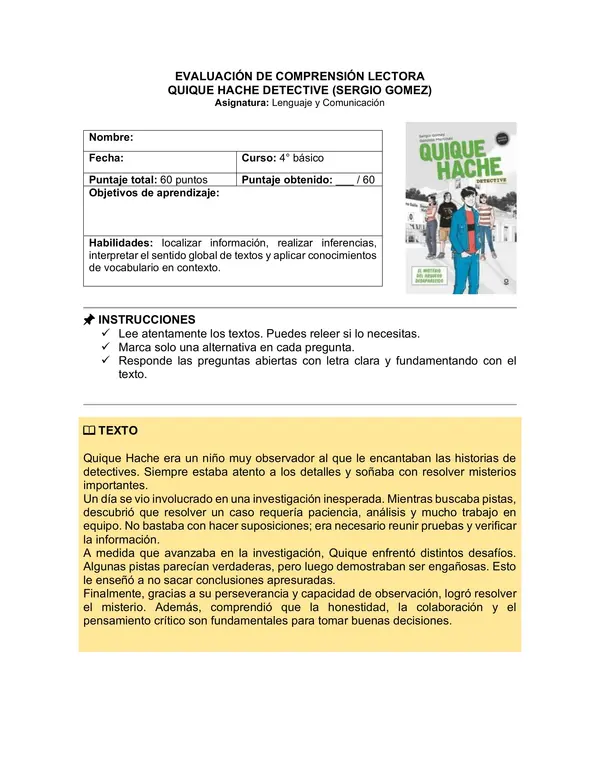 Prueba del libro "Quique Hache detective" (Sergio Gómez)