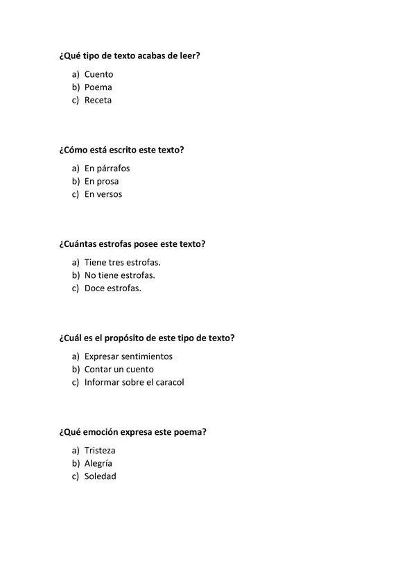Comprensión de lectura "El caracol"