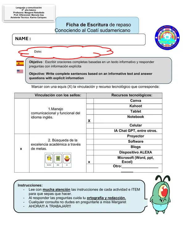 Ficha de escritura el Coati"